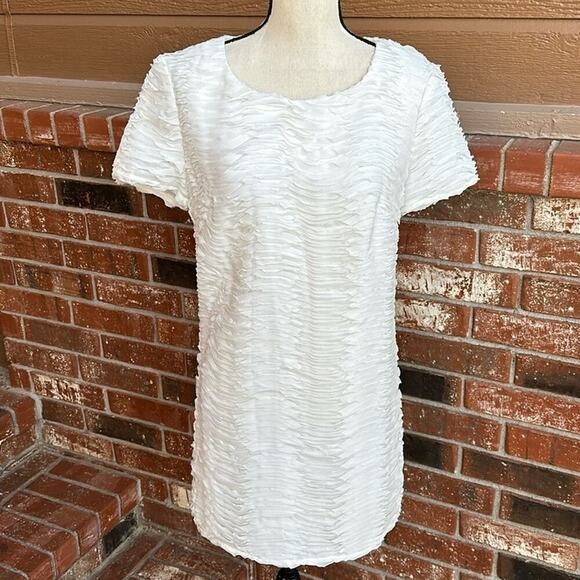 Ark & Co Dresses & Skirts - Ark & Co White Ruffle Shift Dress Raw Hem Mini Short Sleeve Bridal Size Small